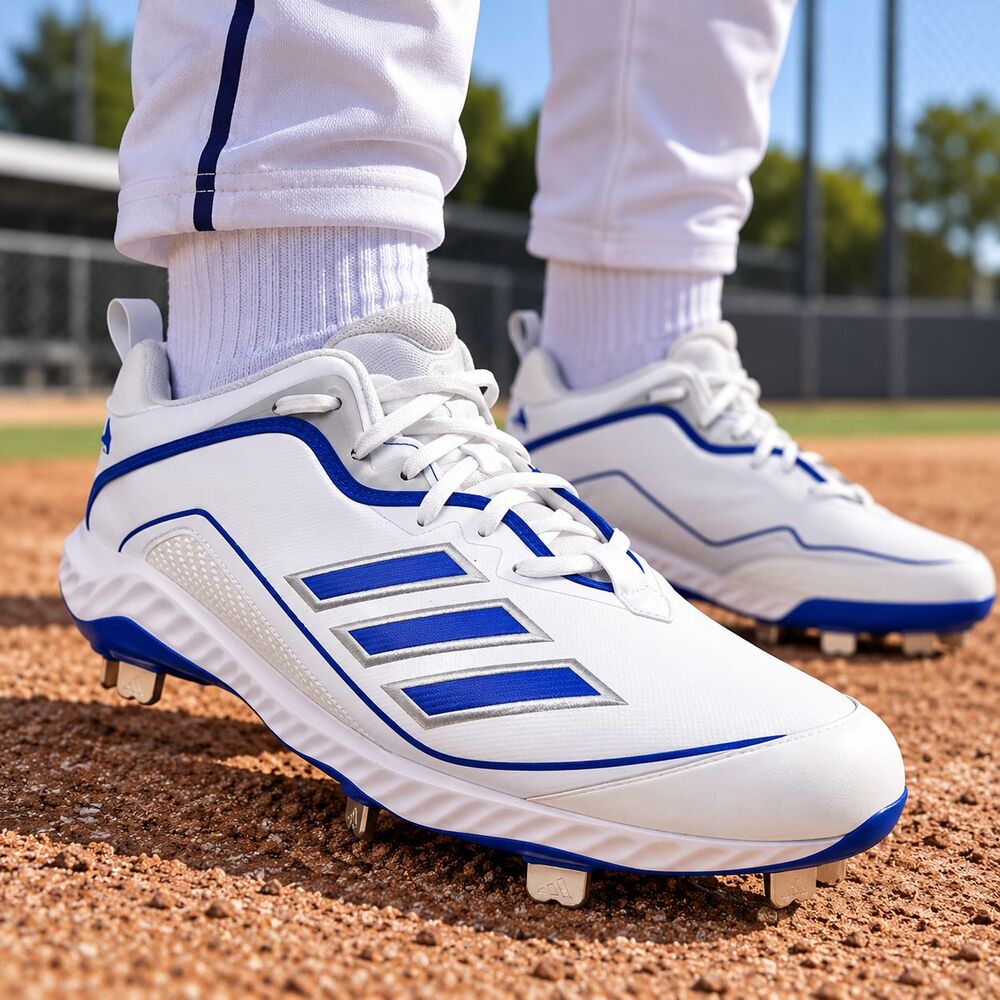 Adidas Baseball Cleats Mens Size 12 White Royal Blue Silver Metal Fathers Day